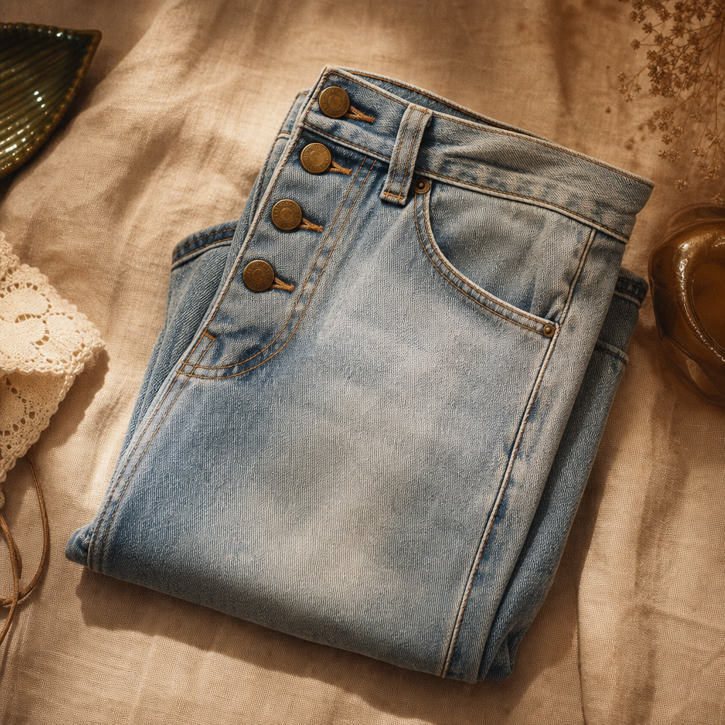 Folded high-waisted vintage denim jeans with a faded wash and brass buttons