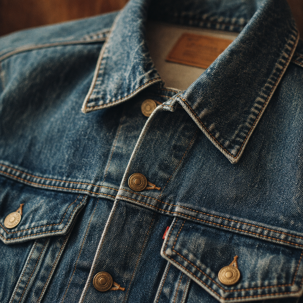 Close-up of a textured vintage denim jacket with brass buttons and soft film lighting