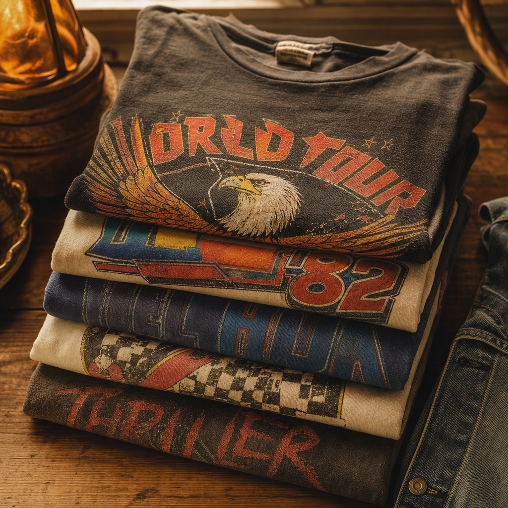Stack of worn-in graphic tees with bold 80s typography and retro prints