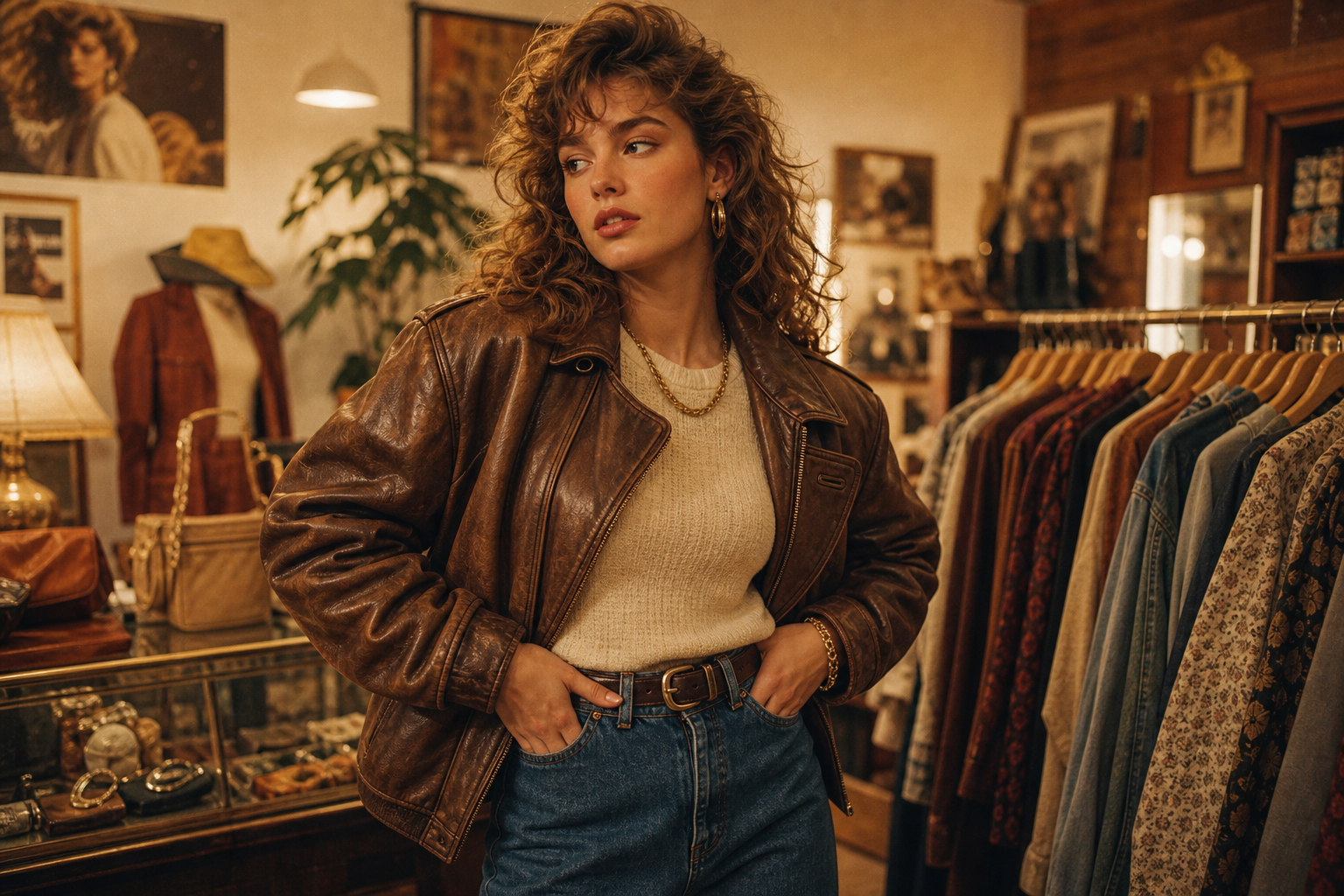 Vintage model wearing a 1980s leather jacket and high-waisted denim in a warm boutique setting