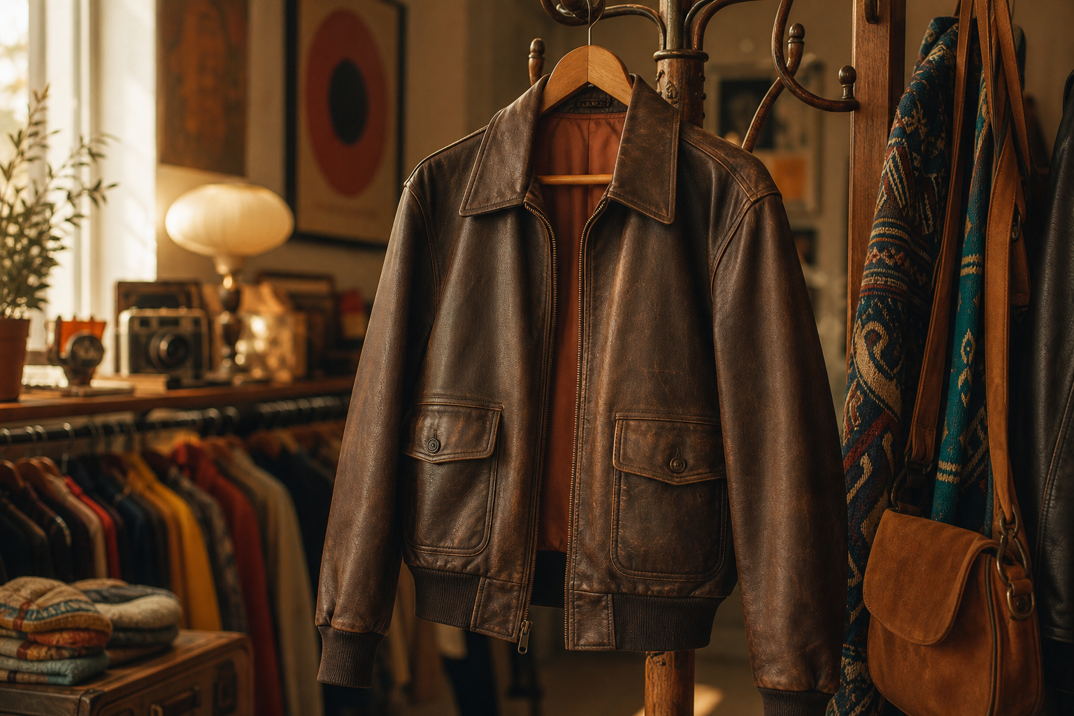 Vintage leather bomber jacket on a wooden hanger beside a retro coat rack