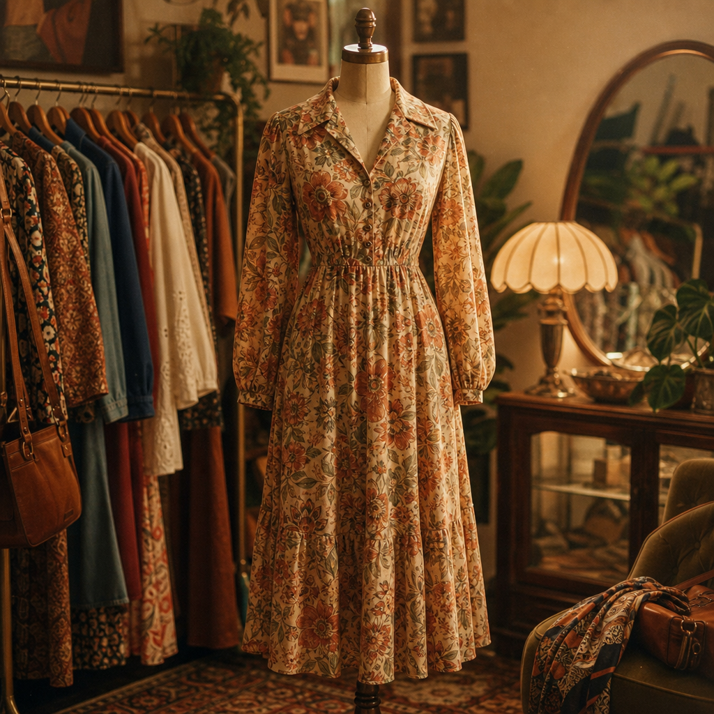 70s-inspired floral midi dress draped on a vintage mannequin with soft lighting