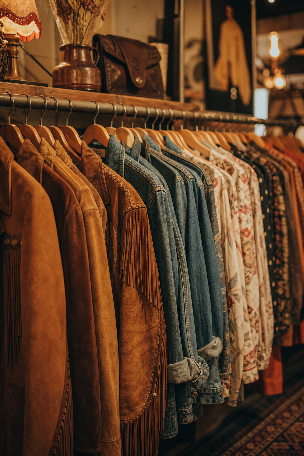 Softly lit vintage clothing rack with 70s jackets and 80s denim, warm cinematic tones and subtle film grain