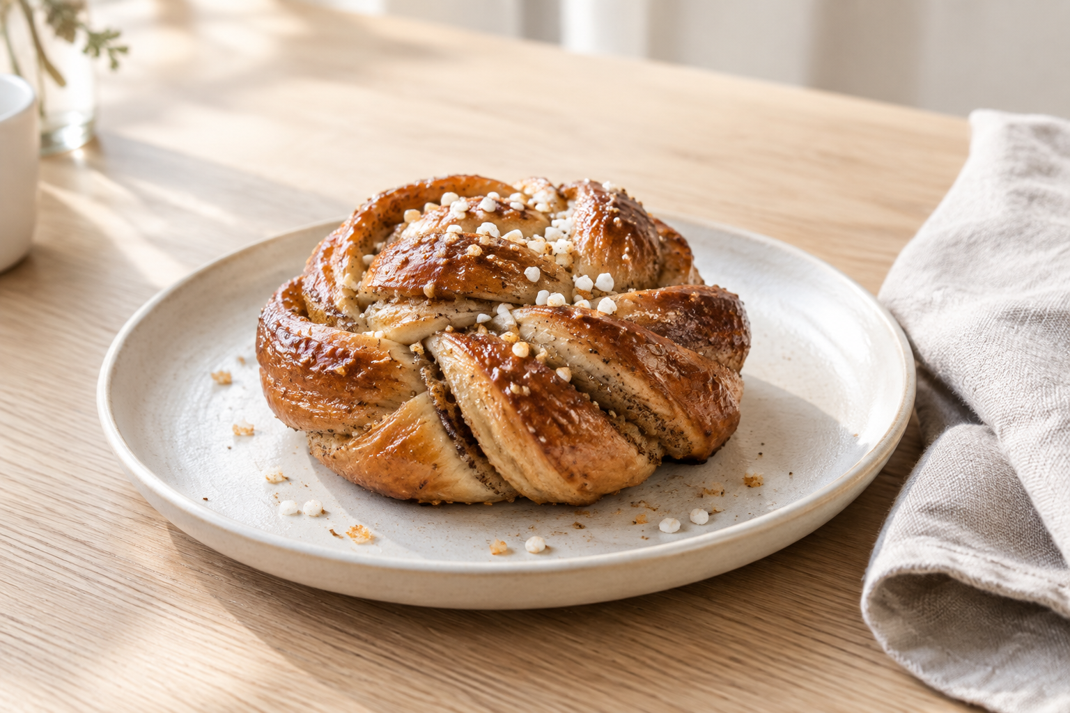 Golden twisted cardamom pastry on a pale stoneware plate with a linen napkin