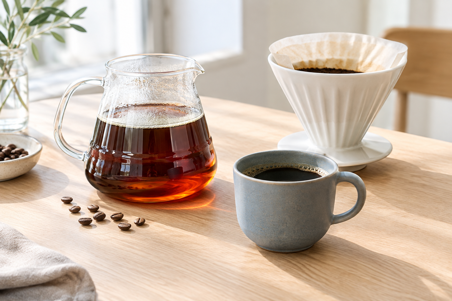 Amber filter coffee in a clear glass server beside a blue-grey ceramic cup and paper dripper