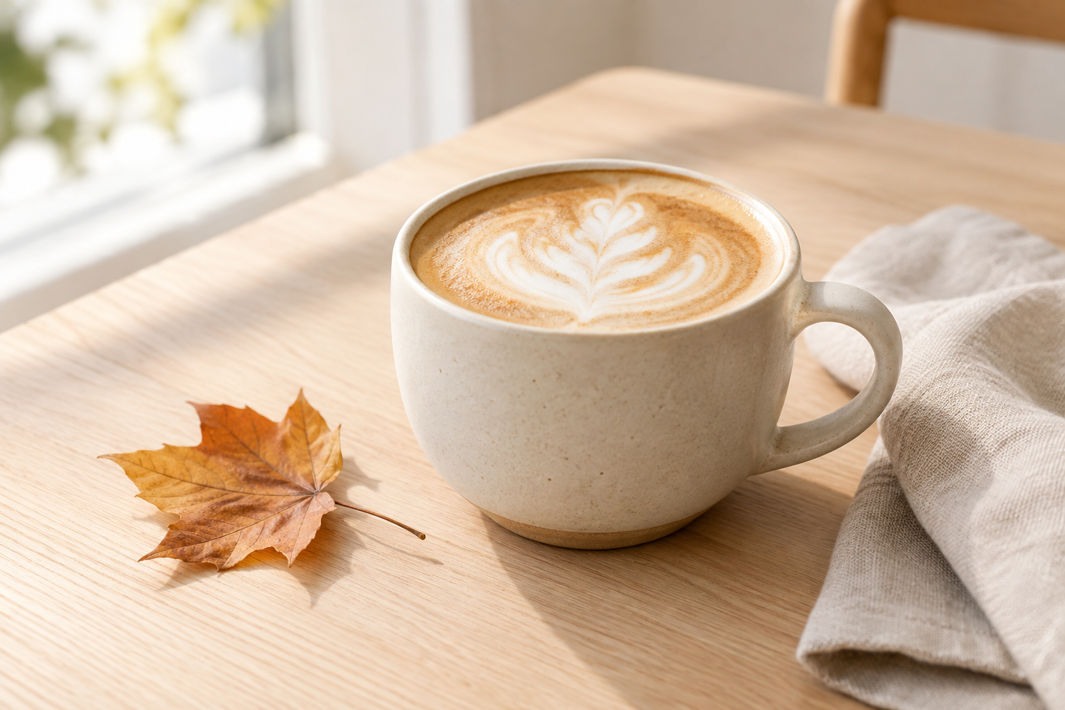 Maple oat latte in a cream ceramic cup beside a small maple leaf on a pale wood cafe table