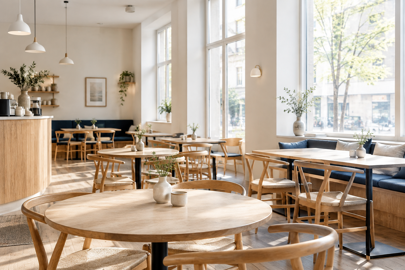 Bright cafe interior with pale oak furniture and generous windows