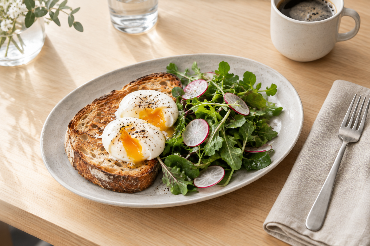 Sourdough breakfast with soft eggs and fresh greens on a ceramic plate