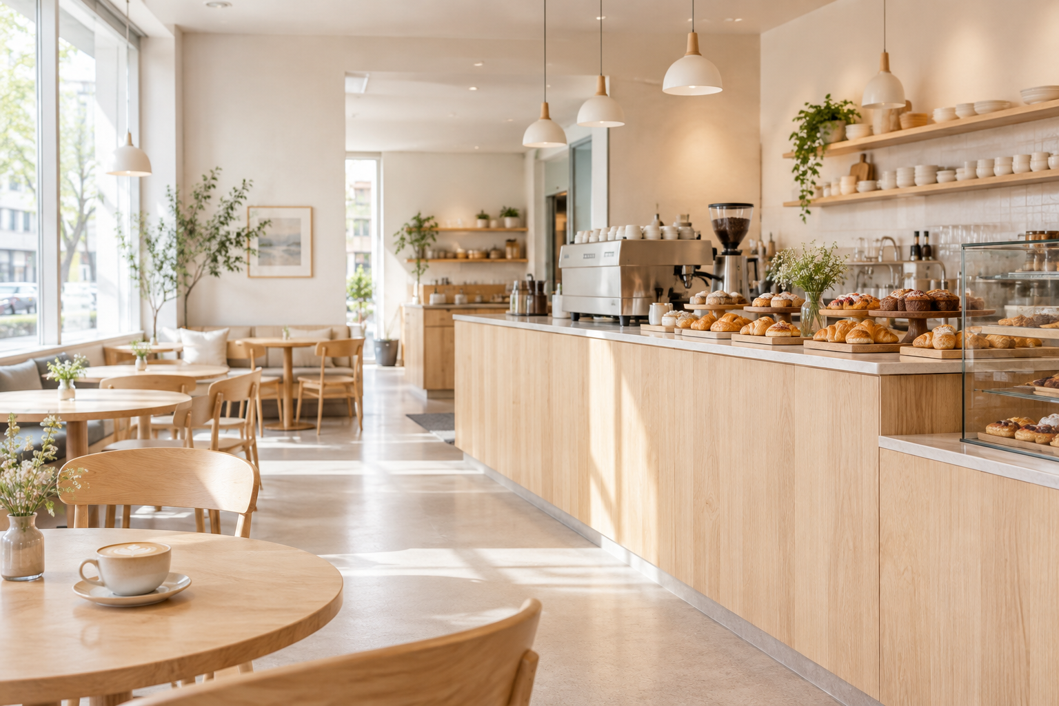 Bright Scandinavian cafe interior with pale wood furniture, ceramic cups and fresh pastries in soft morning light