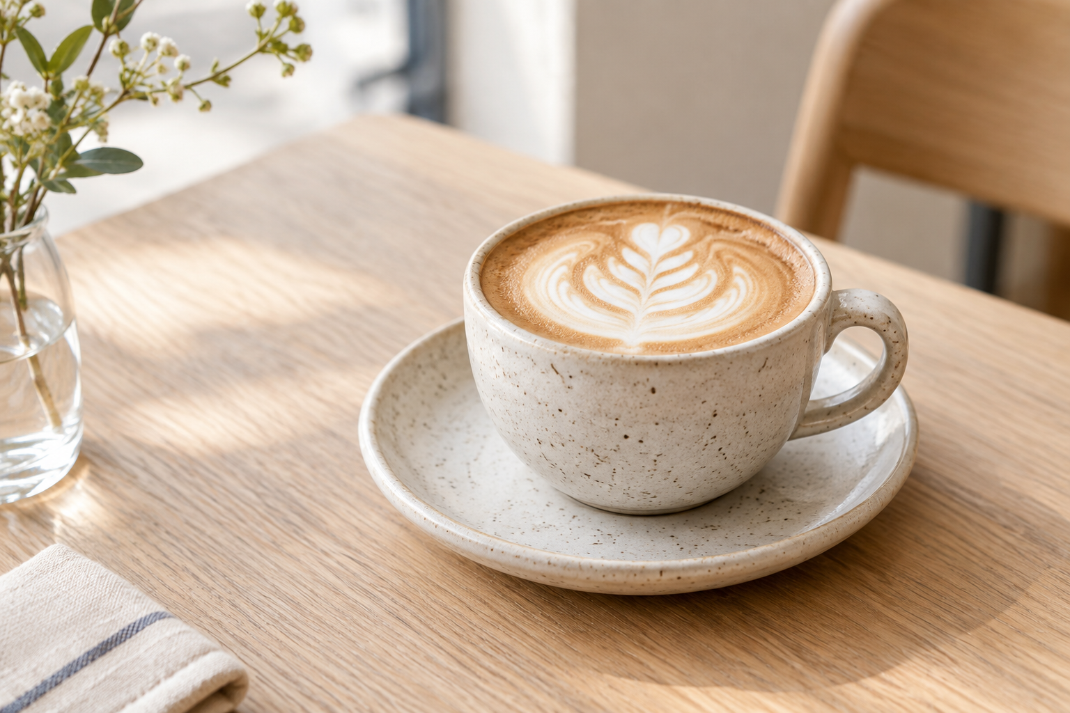 Cappuccino in a speckled ceramic cup on a light wooden table