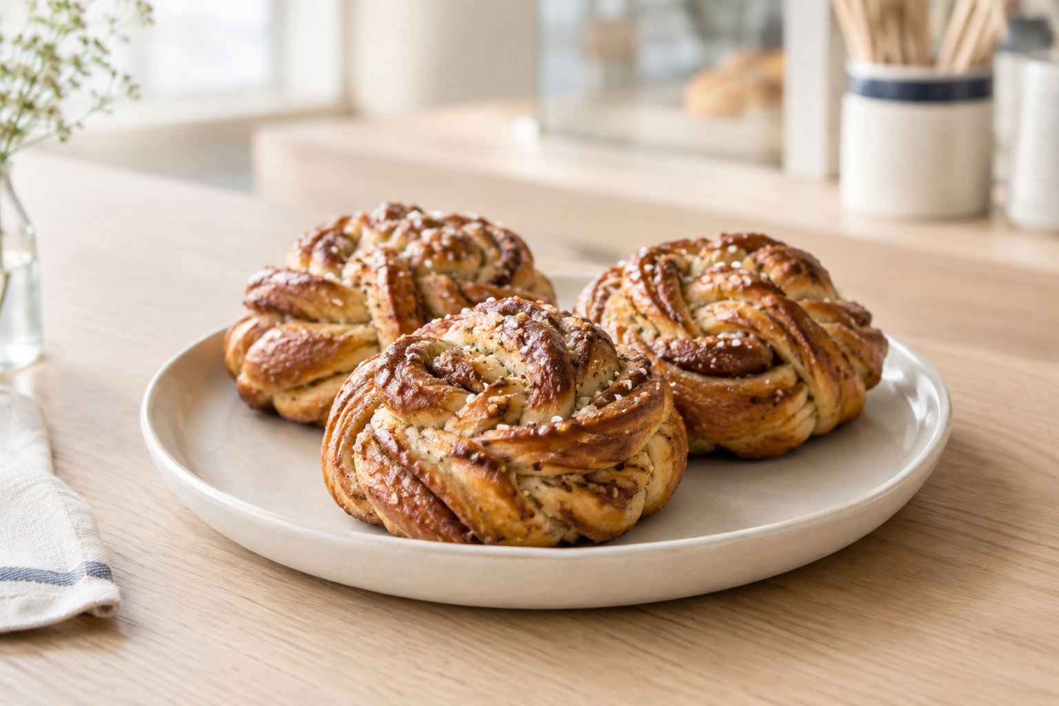 Golden twisted cardamom buns with delicate sugar crystals