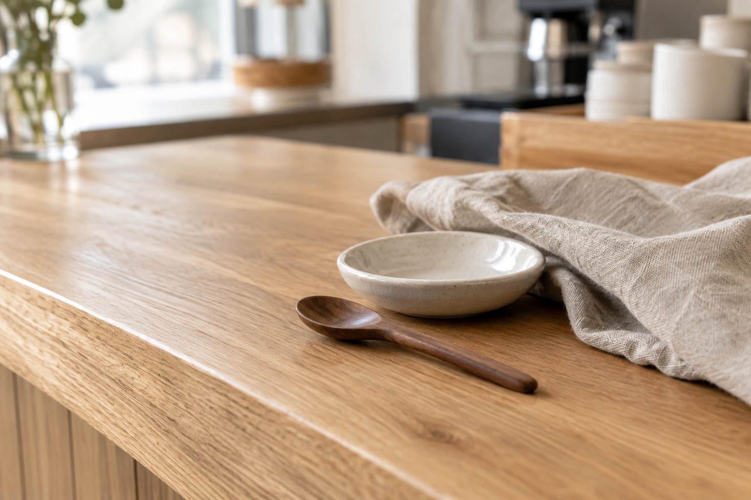 Natural oak counter grain beside a folded linen cloth and wooden spoon