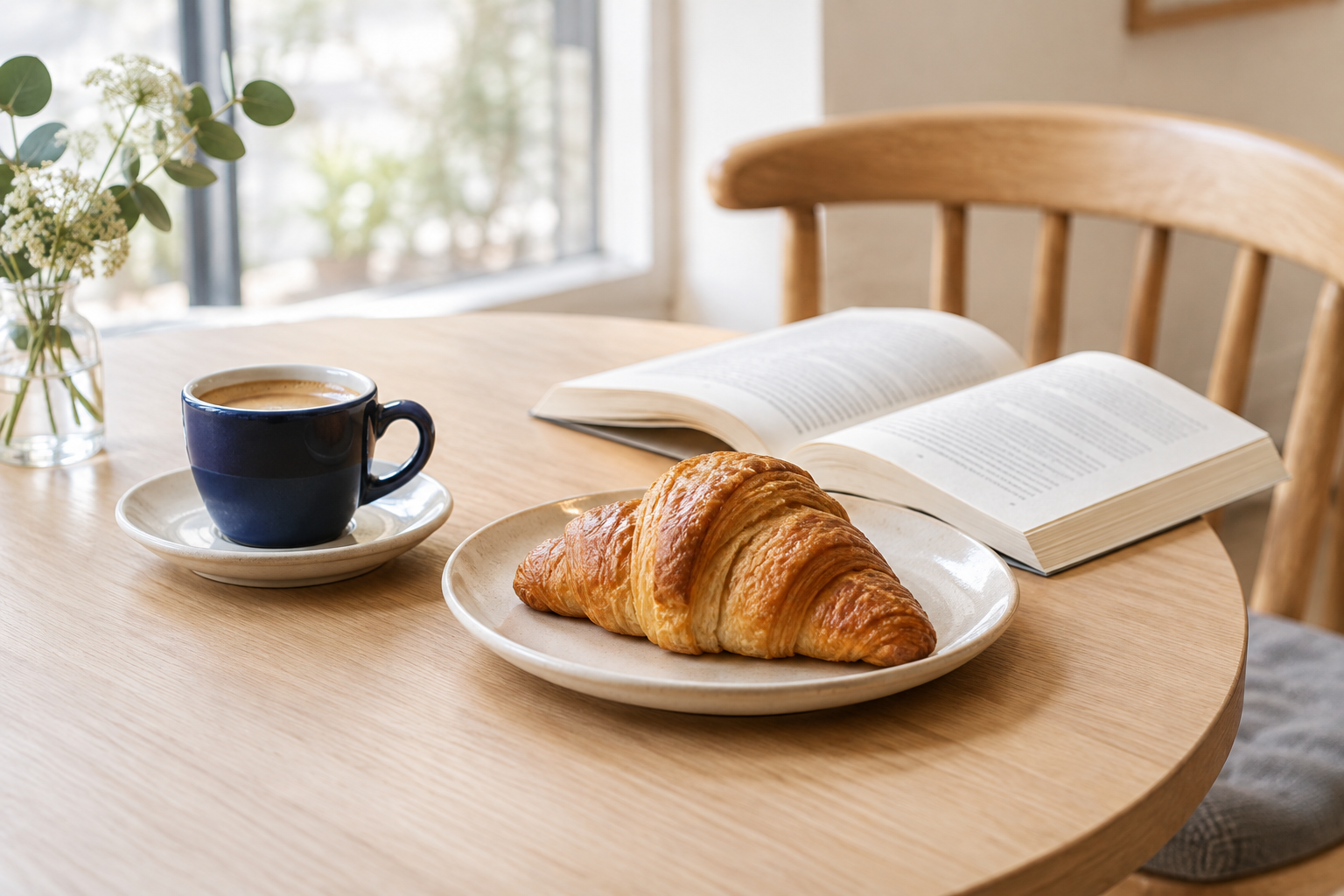 A quiet cafe table with an espresso, a croissant, and an open book