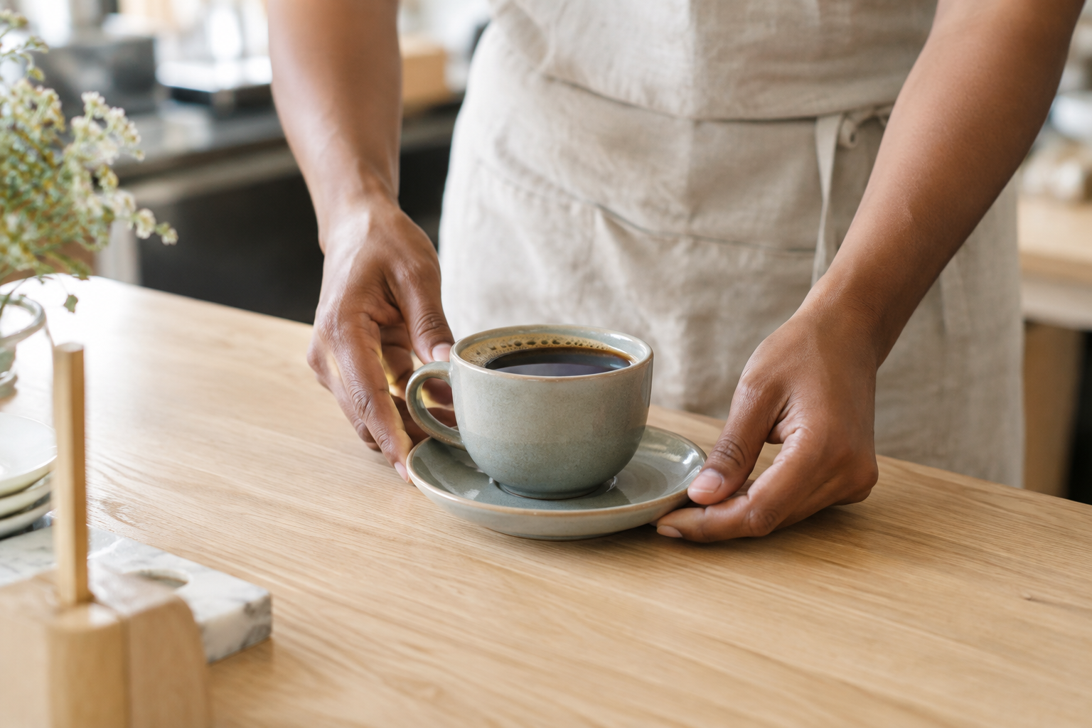 A barista's hands serving filter coffee in a small ceramic cup