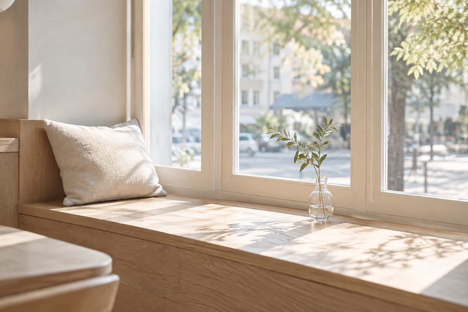 Soft morning light across a window seat with a linen cushion