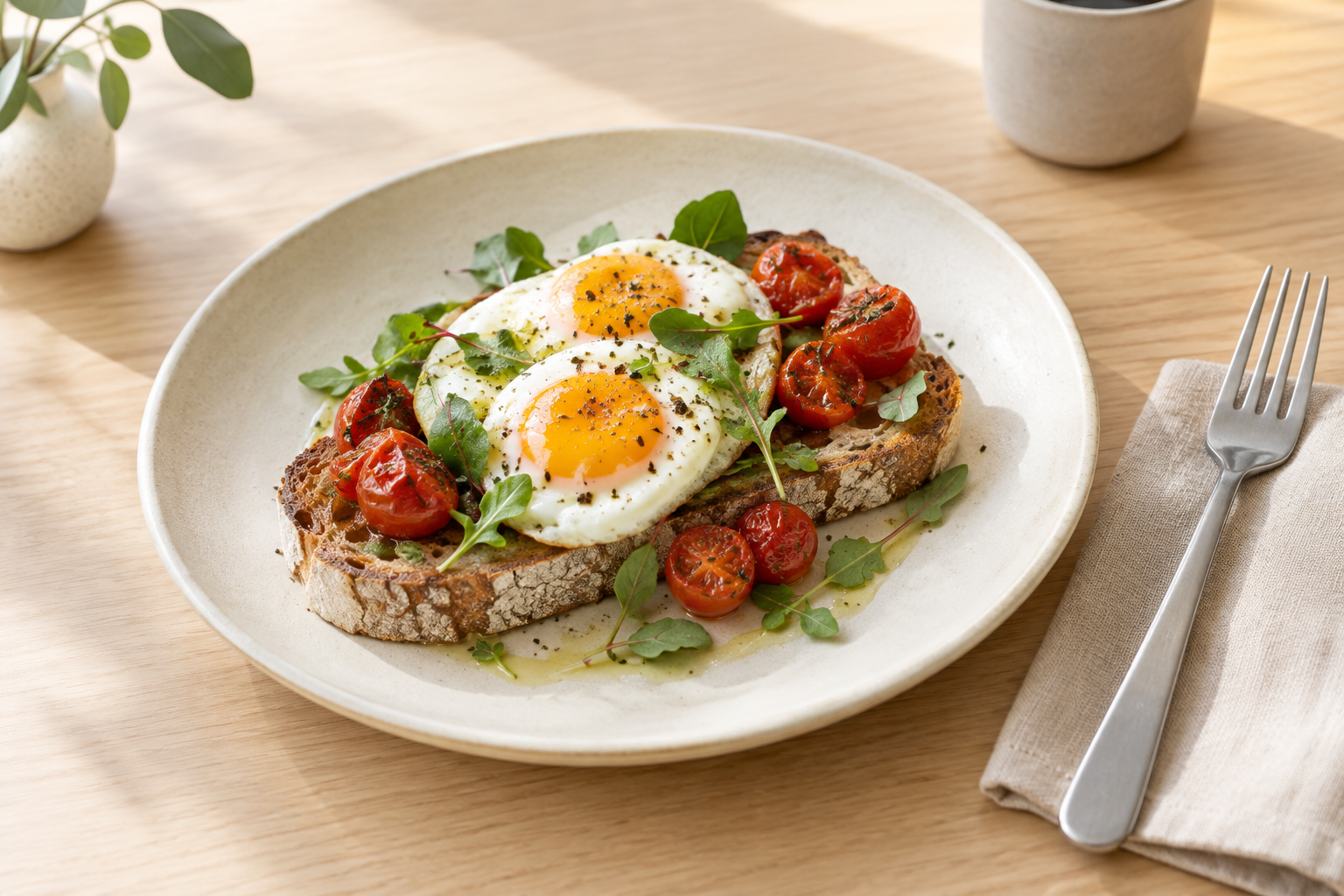 Breakfast plate with sourdough toast, soft eggs, roasted tomatoes, and fresh greens