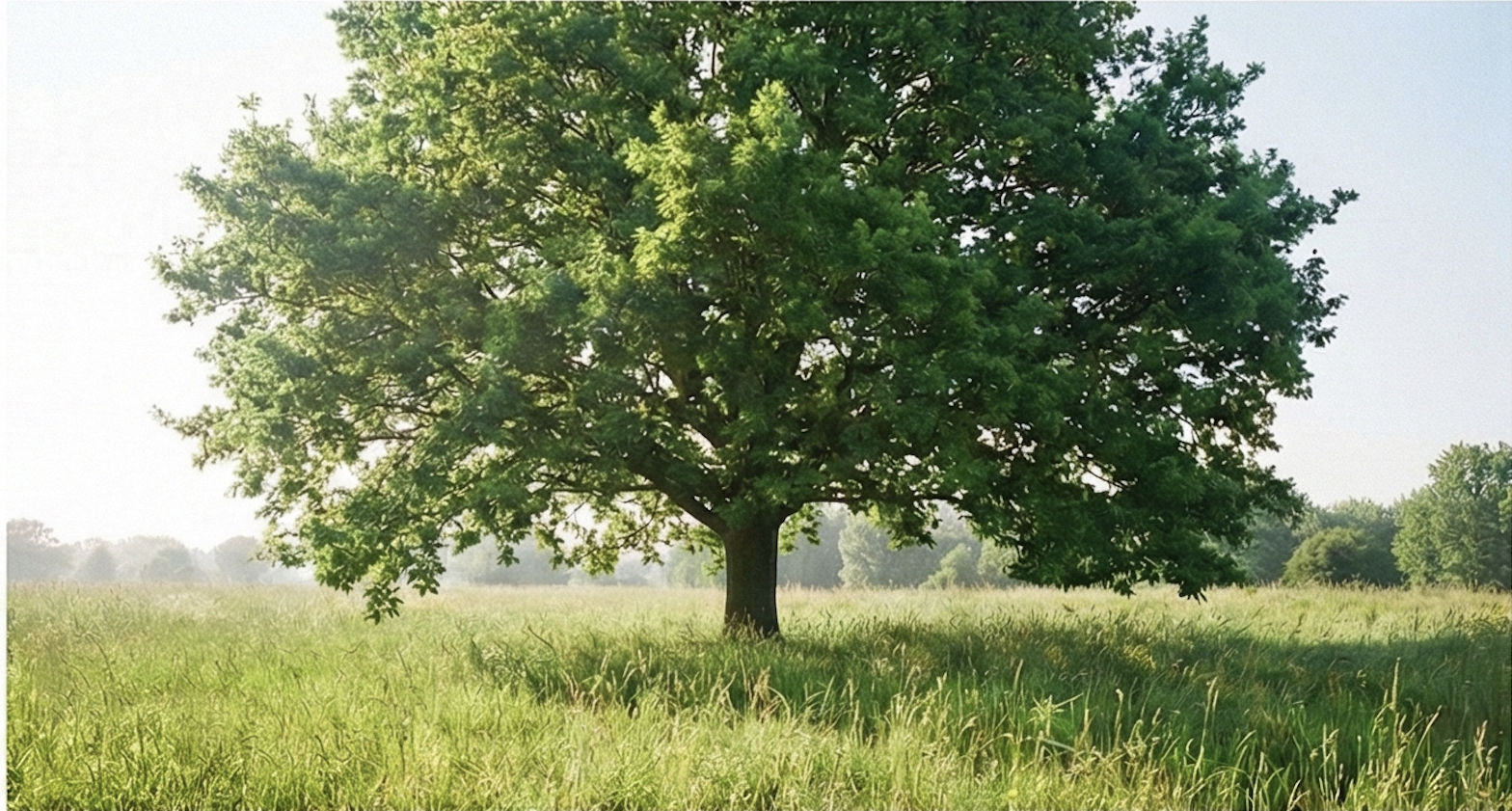 Leafy green tree in a sunny summer meadow