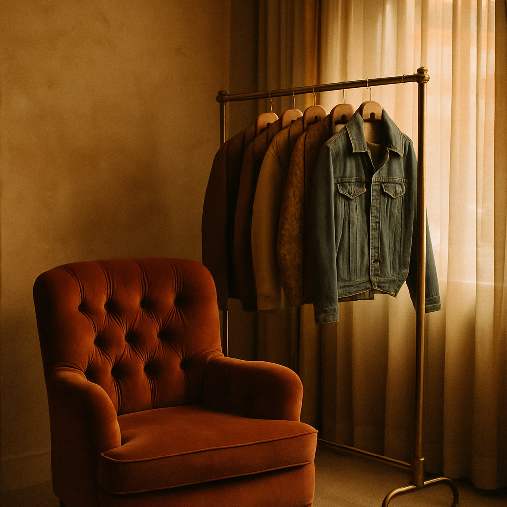 Editorial photo of a vintage boutique fitting area with a velvet chair, garment rack, and soft window light