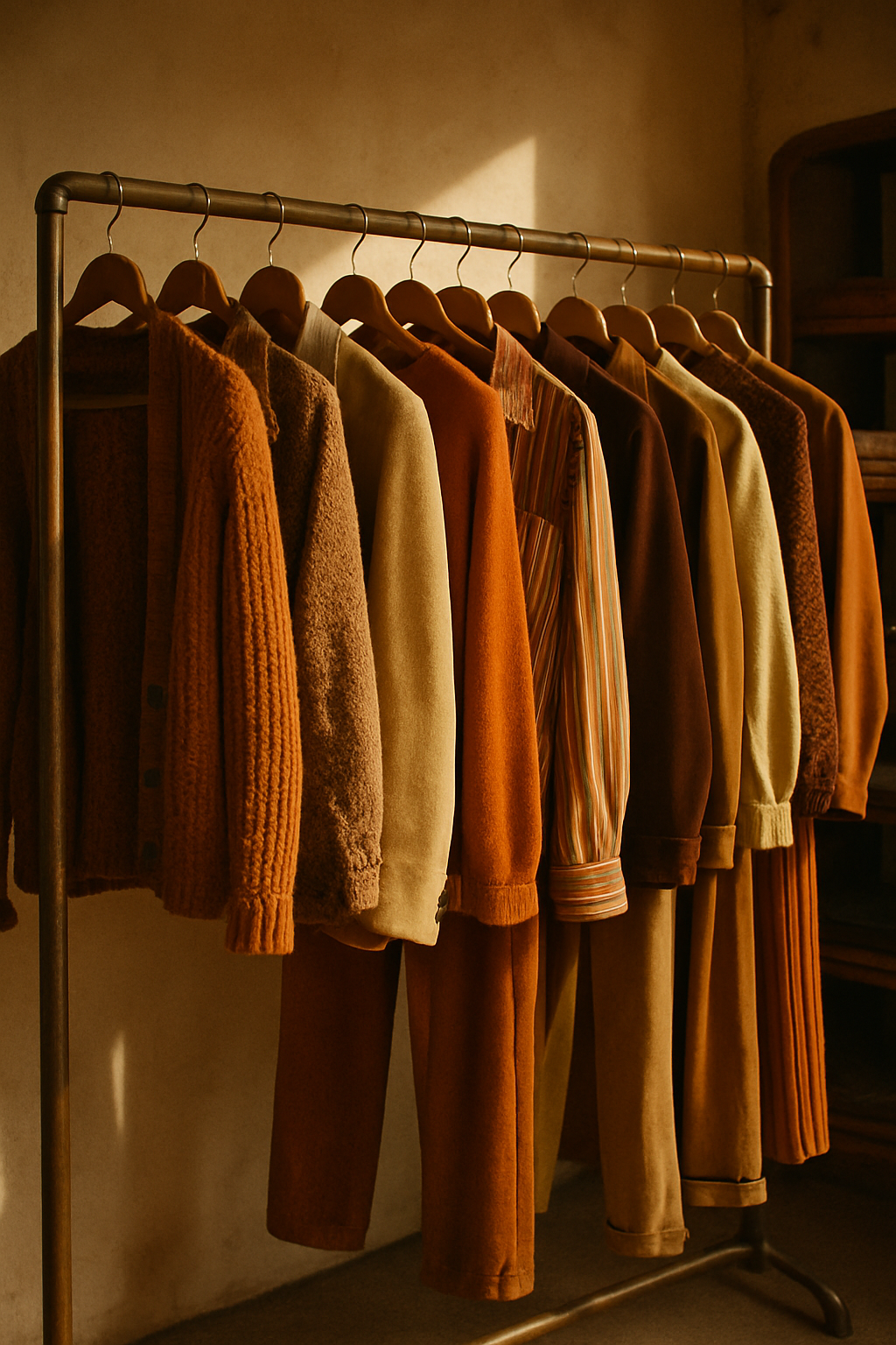 Sunlit vintage clothing rack with warm-toned 70s and 80s garments, styled like a boutique editorial