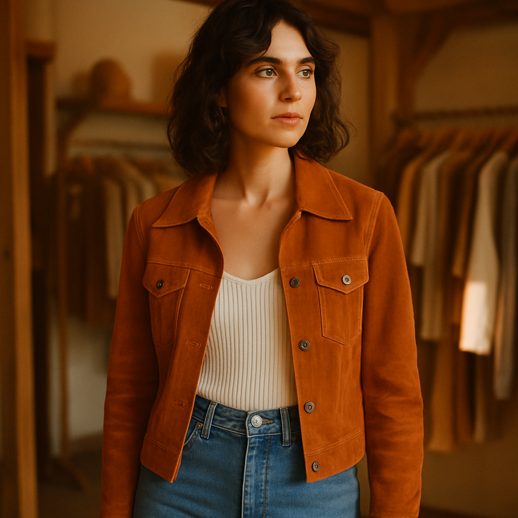 Model wearing a burnt orange 70s suede jacket with high-waisted denim in a sunlit boutique setting
