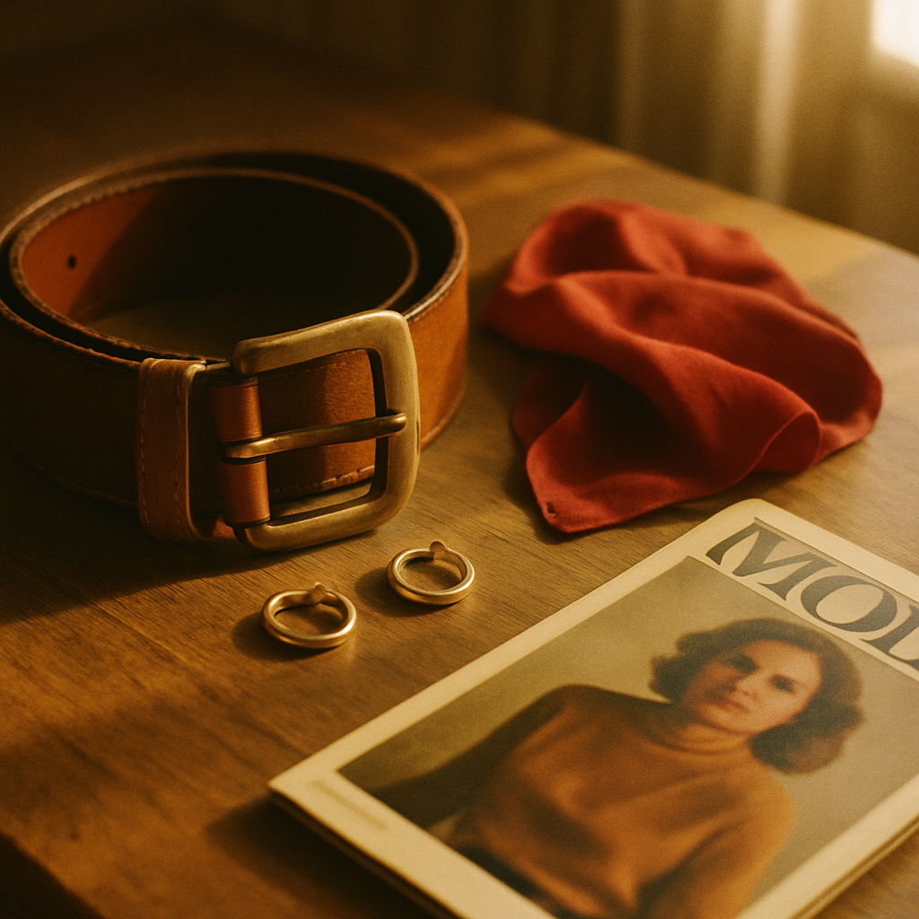 Warm analog still life of vintage accessories on a wooden table with a leather belt, gold jewelry, and a retro magazine