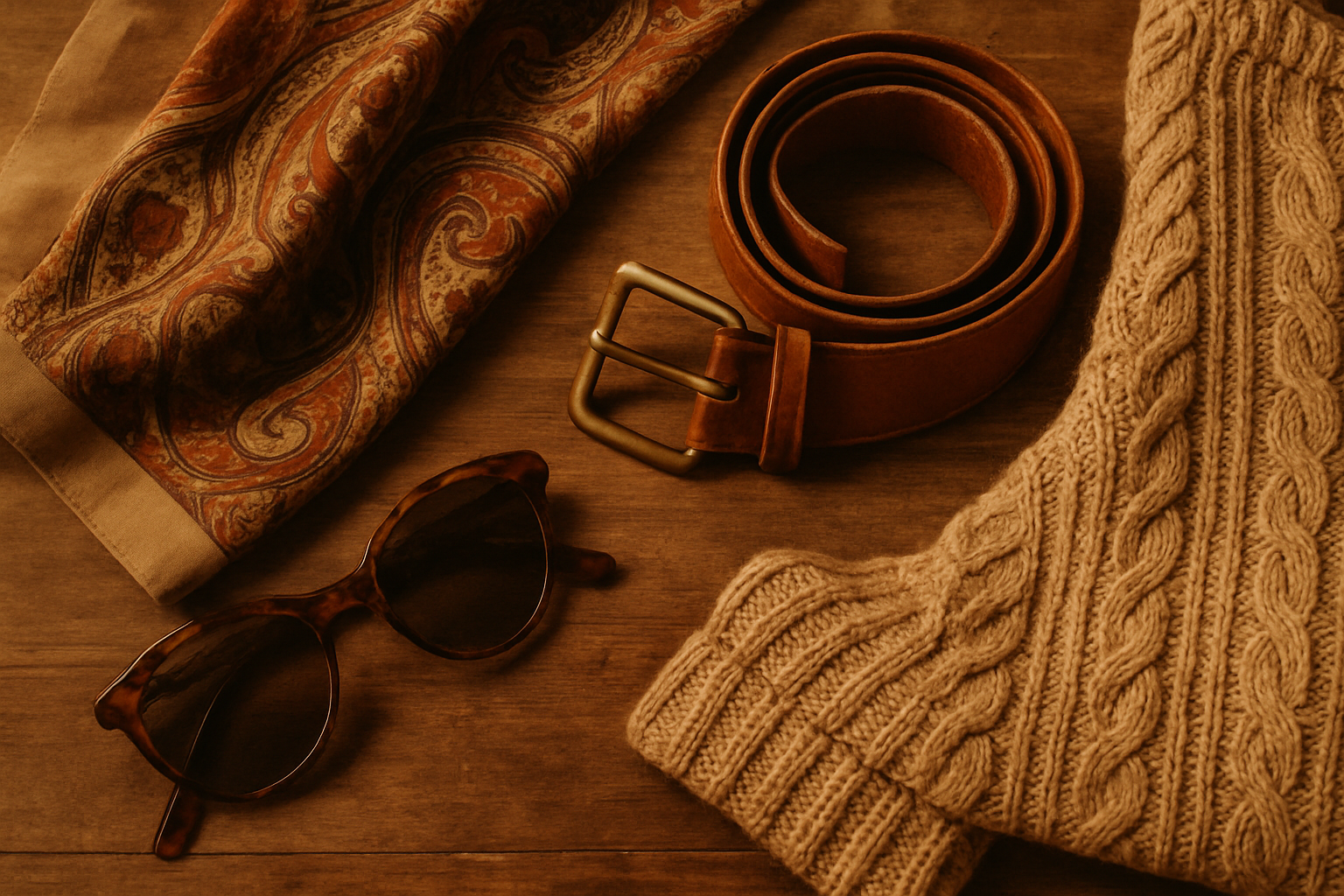 Close-up of vintage accessories and fabric textures on a wooden table with soft film-like lighting
