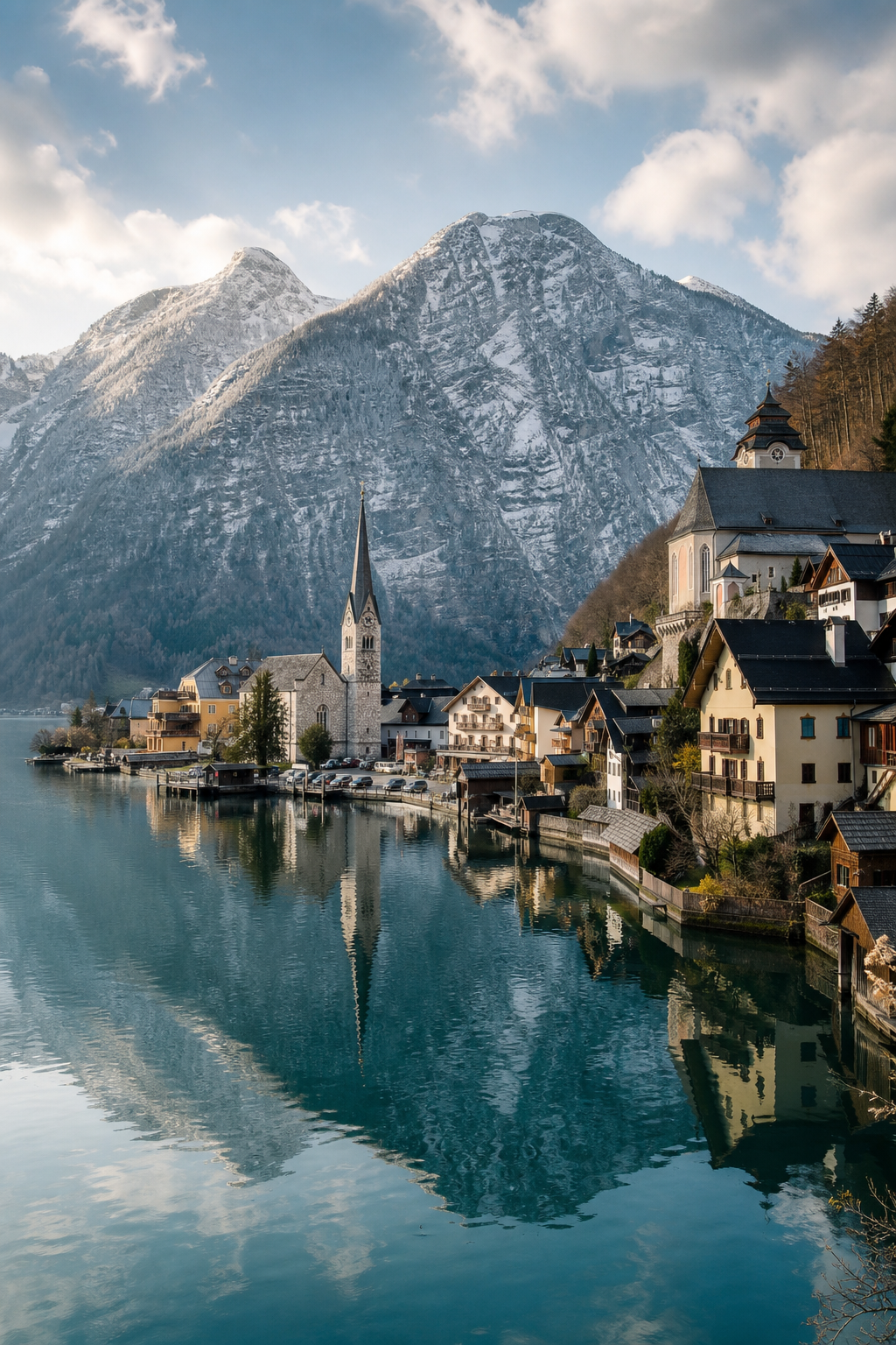 Elegant Alpine village beside a still lake with mountain pass beyond