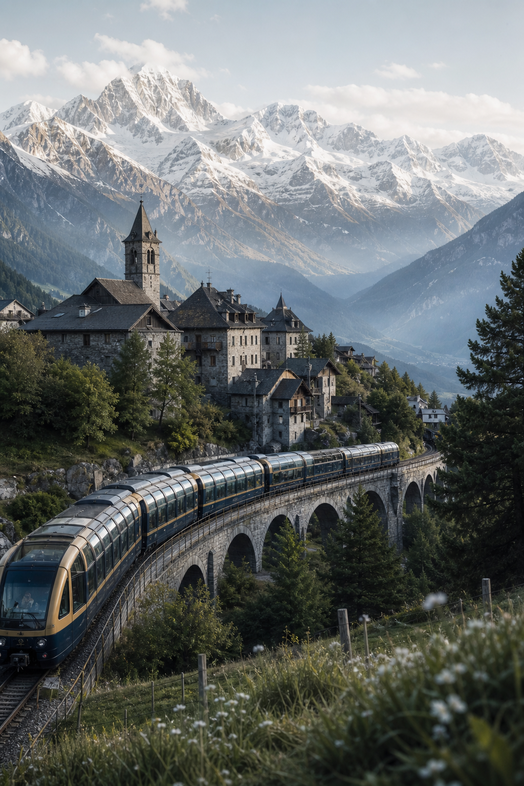 Alpine village with snow-capped peaks and a panoramic mountain train traveling through a quiet valley