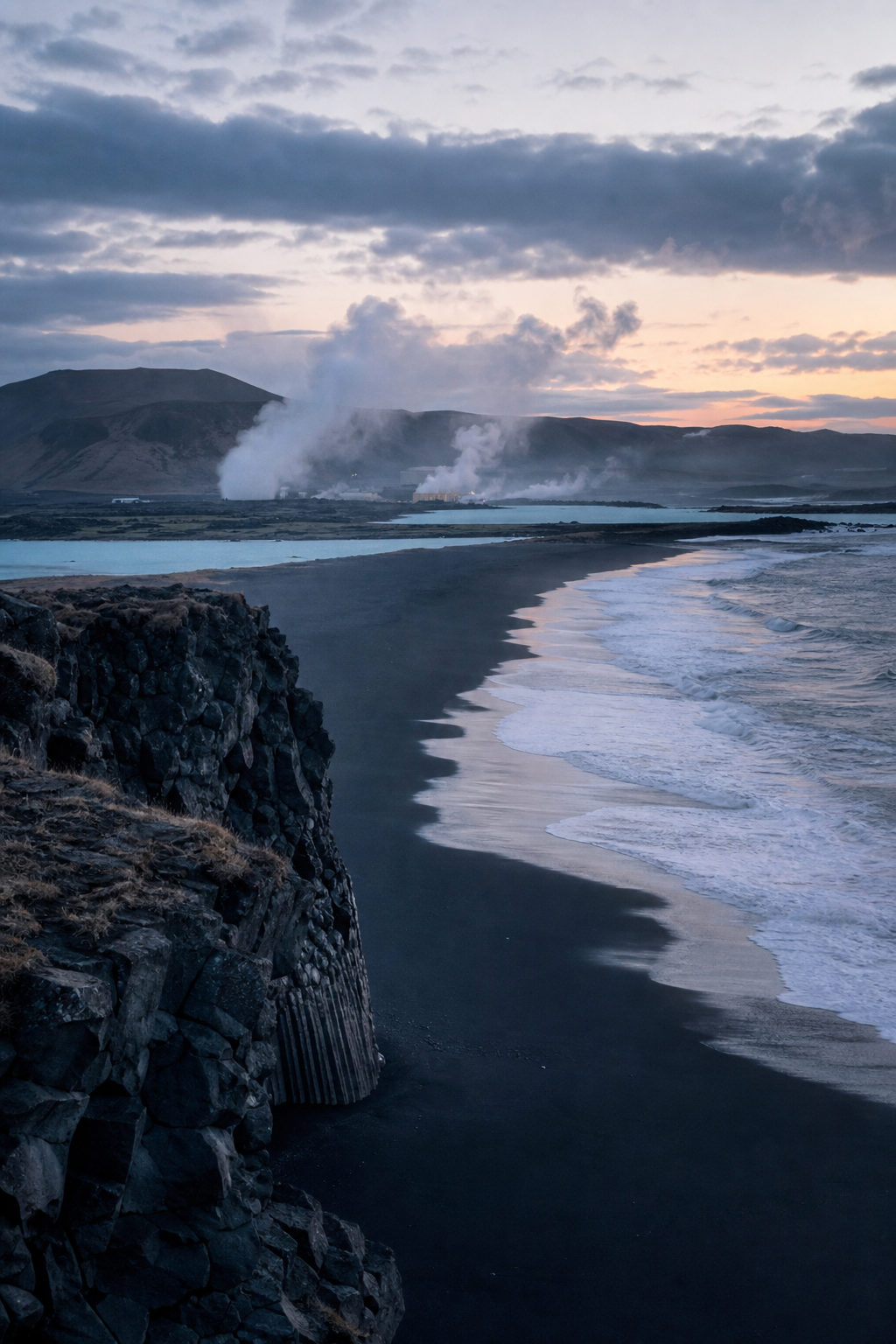 Volcanic black sand coastline with steam rising from a geothermal lagoon under soft misty light in Iceland