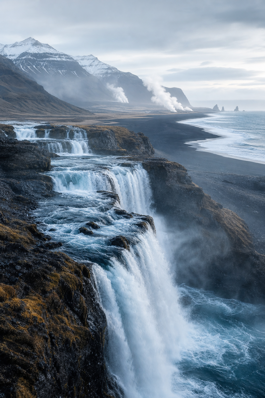 Waterfall and black-sand coastline along Iceland's Ring Road