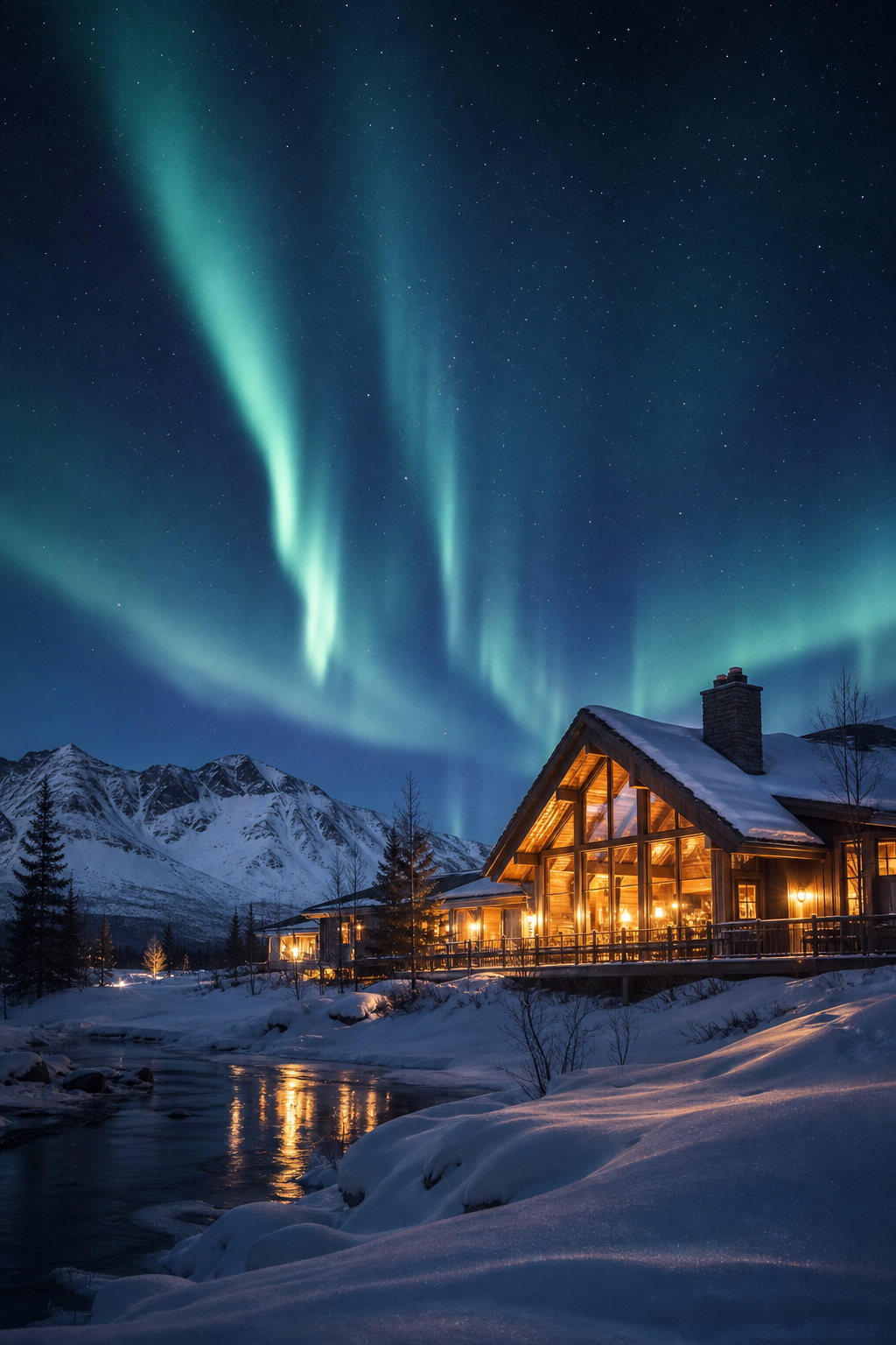 Cozy timber lodge glowing beneath the aurora borealis