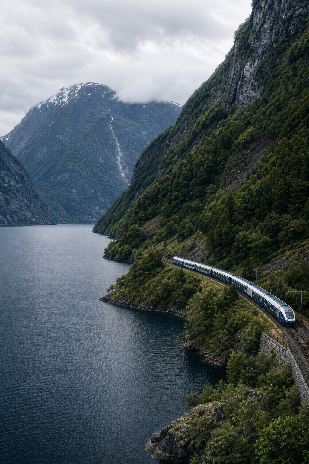Scenic train winding along a Norwegian fjord