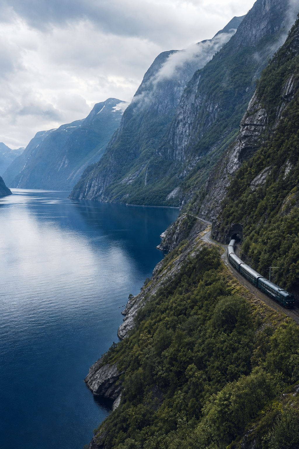 Dramatic Norwegian fjord with steep green cliffs, calm water, and a scenic railway winding along the mountainside