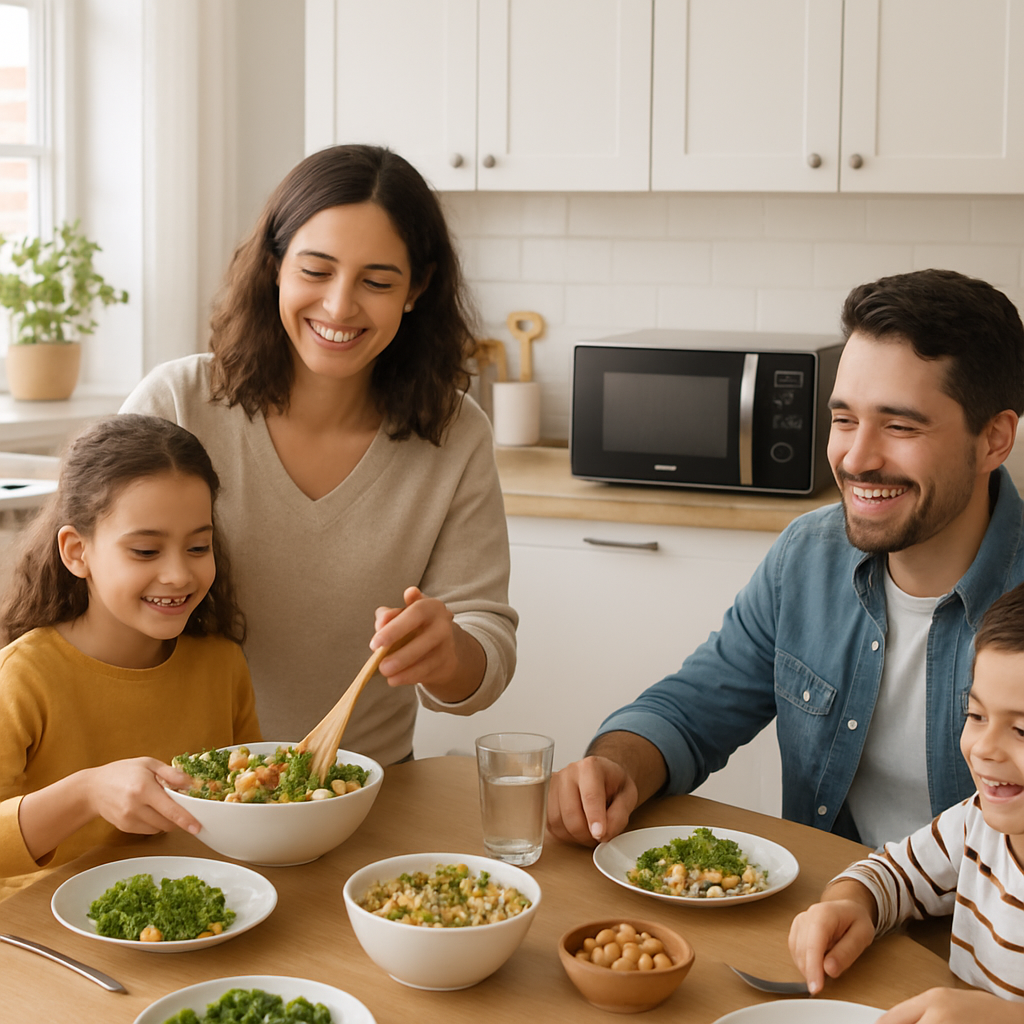 Happy family enjoying healthy meal cooked with SaniMicro