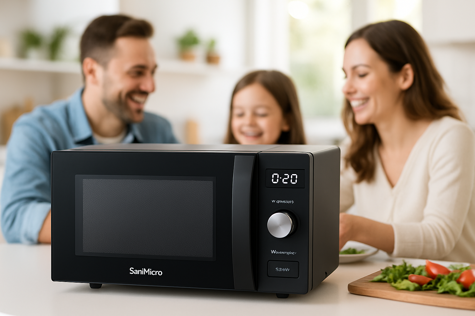 SaniMicro microwave showcased on a countertop in a modern kitchen with a welcoming family in the background