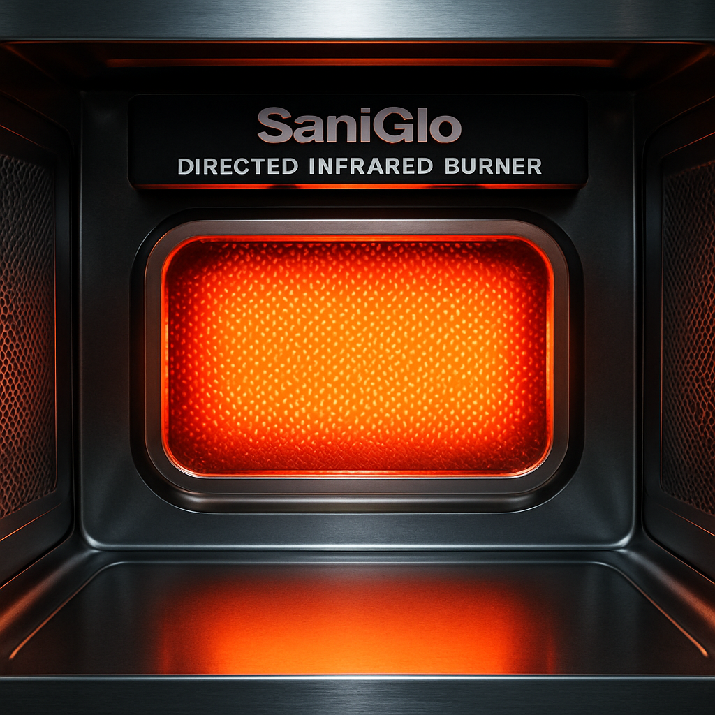 Close-up of the SaniGlo directed infrared burner glowing with intense heat, showing modern design and advanced technology