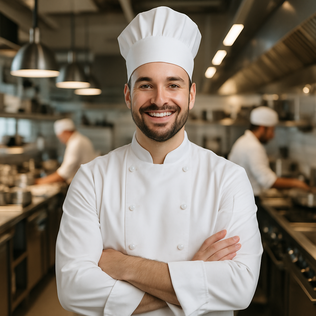 Professional chef smiling in a restaurant kitchen