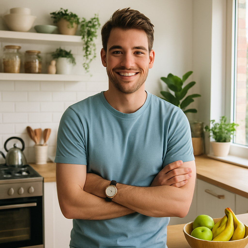 Young father in a bright home kitchen