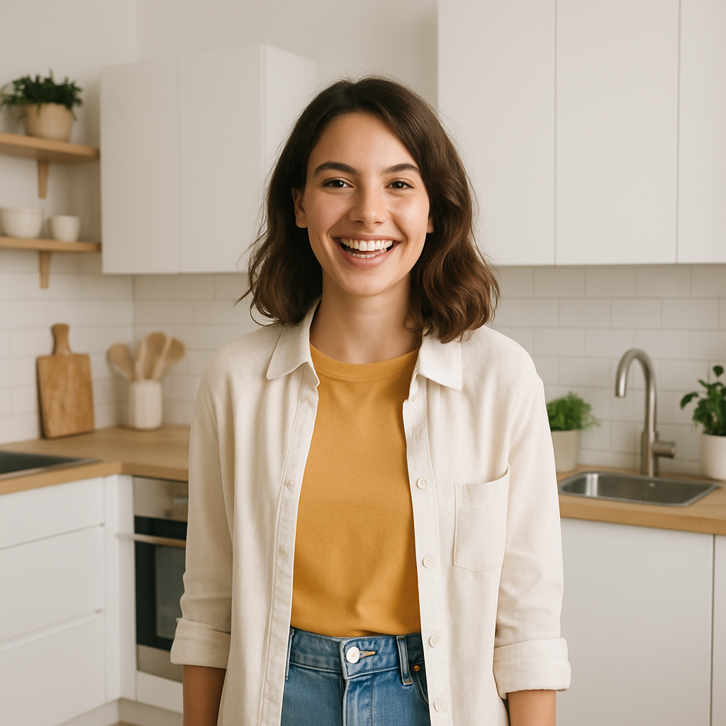 Young woman smiling in a stylish kitchen