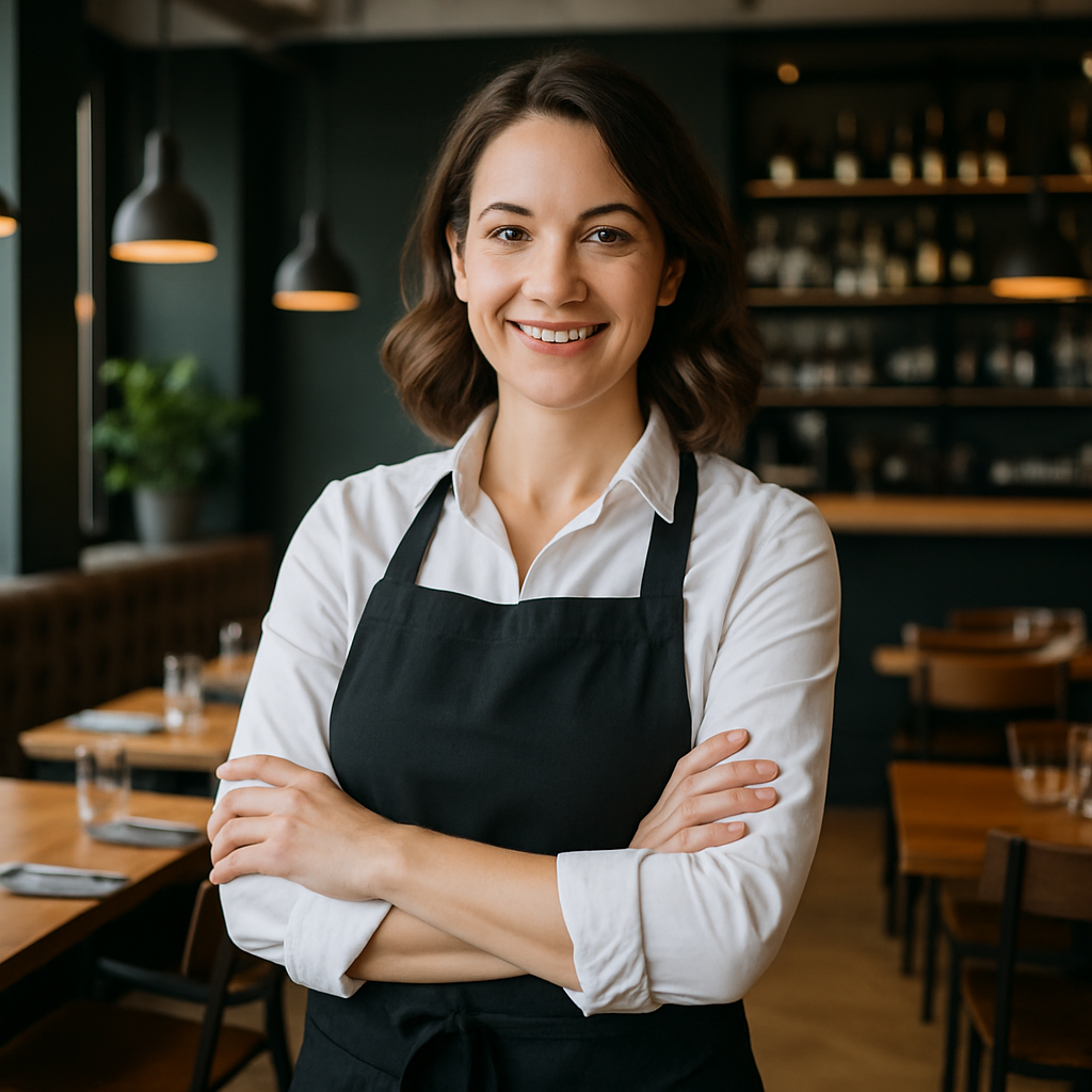 Restaurant owner standing proudly in modern dining area