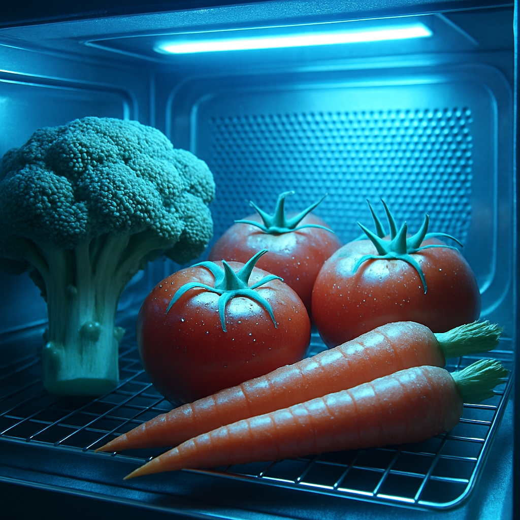 Closeup of fresh vegetables being sanitized with UV light
