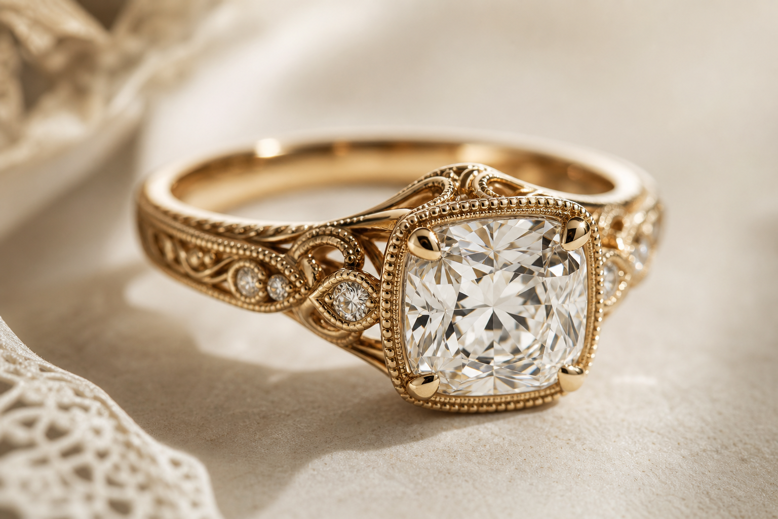 Macro view of an ornate heirloom-inspired gold ring with a cushion-cut diamond and delicate milgrain detailing