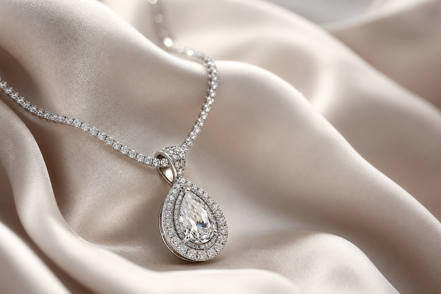 Close-up of a fine platinum necklace with pavé diamonds draped over soft ivory fabric