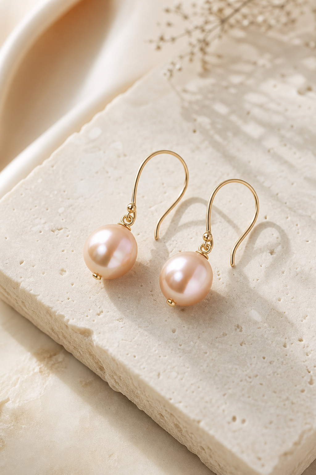 Pair of blush pearl drop earrings with slender gold hooks resting on a stone surface