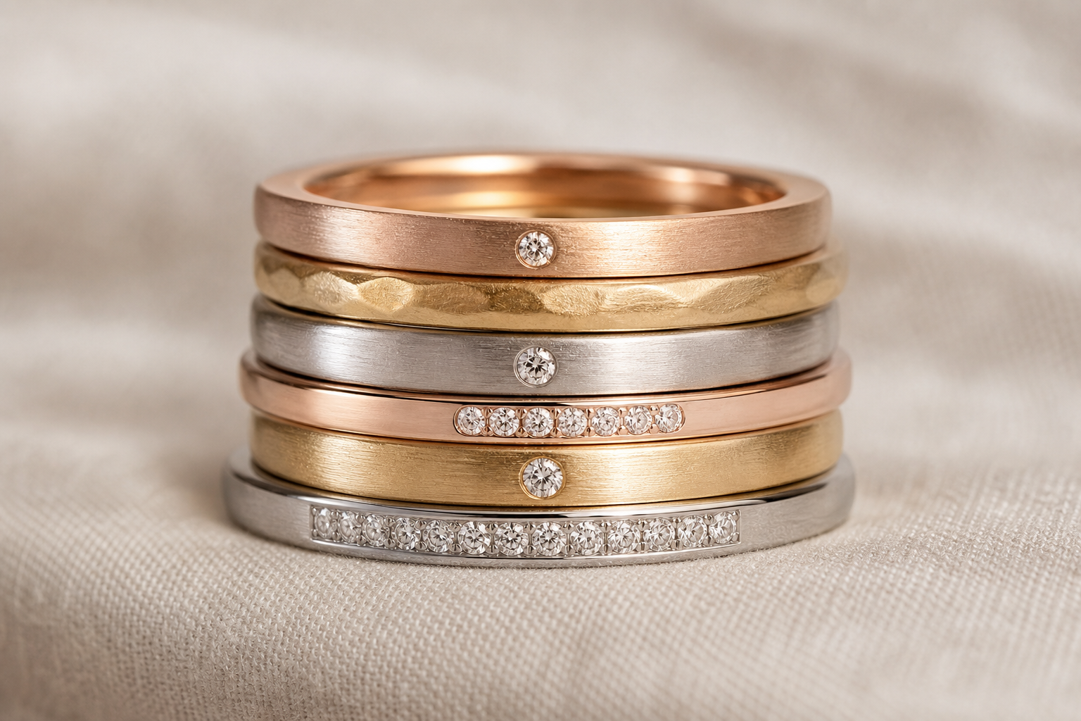 Stack of slim wedding bands in mixed metals with a soft brushed finish and subtle sparkle