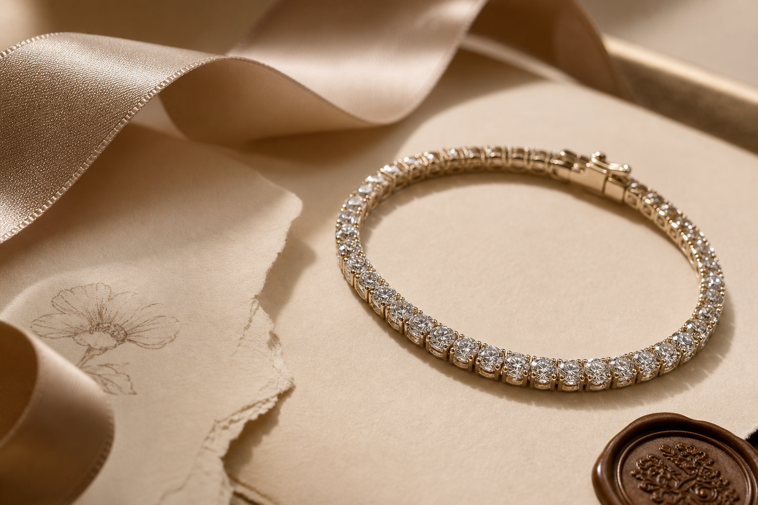 Styled detail of a diamond tennis bracelet and silk ribbon beside handwritten boutique note