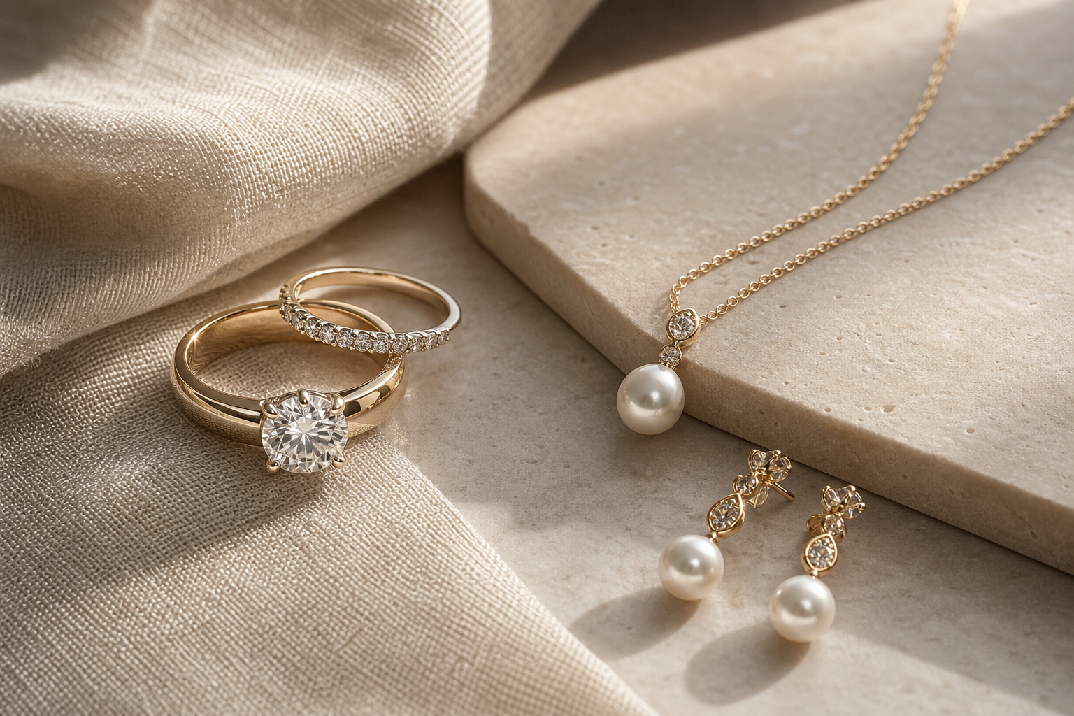 Refined editorial still life of wedding rings, a gold necklace, and pearl earrings arranged on soft neutral surfaces with warm metallic highlights