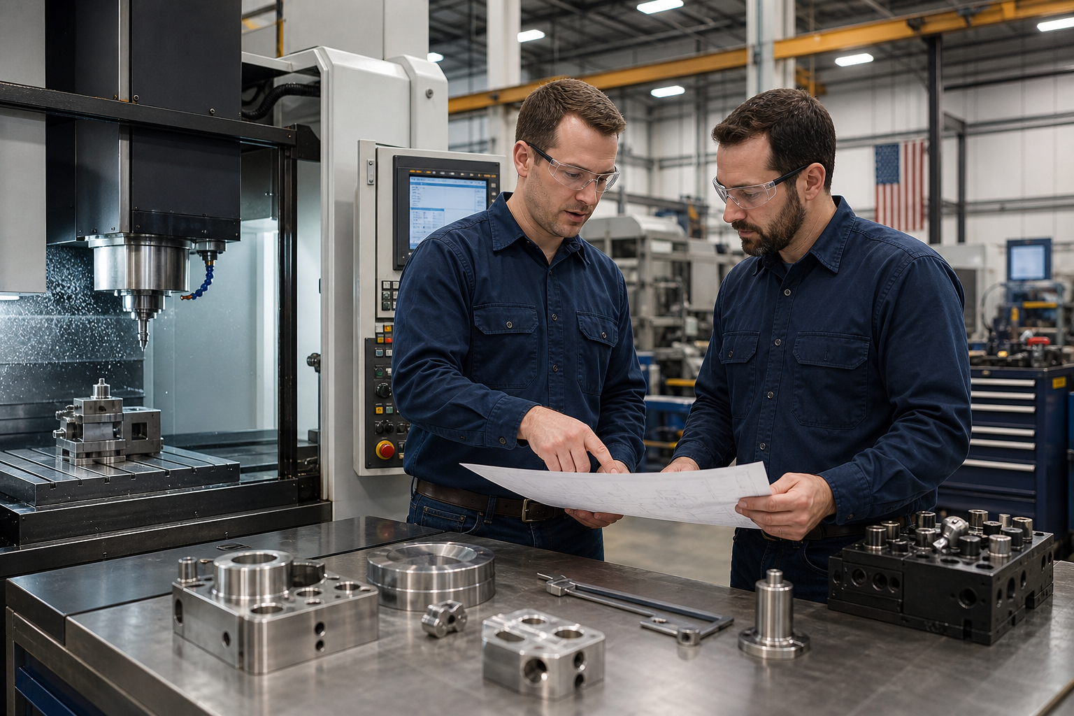 Mechanical engineers reviewing precision machined components beside CNC equipment in a clean industrial workshop