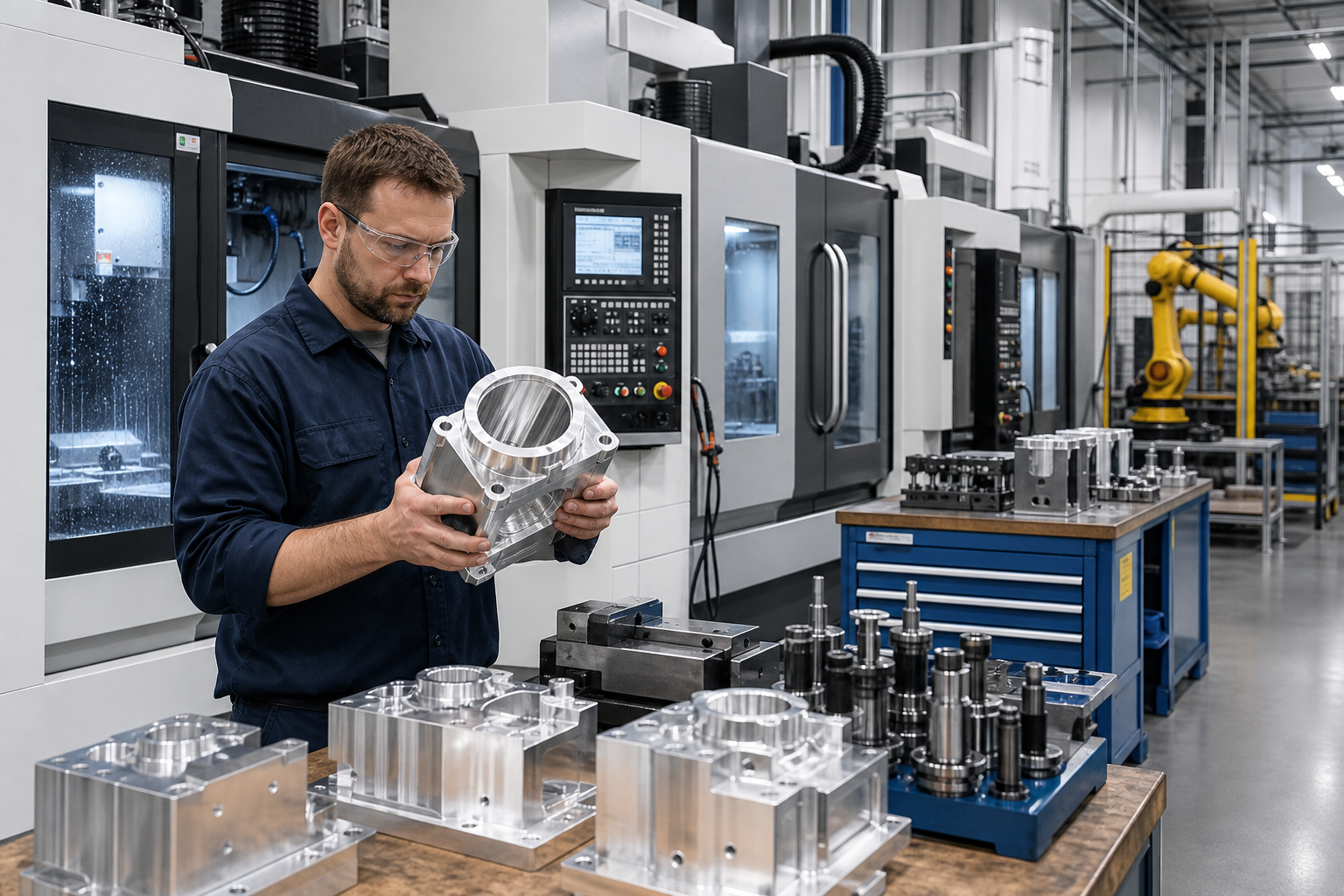 Clean U.S. manufacturing floor with precision CNC machinery, engineered fixtures, and a technician inspecting a fabricated component