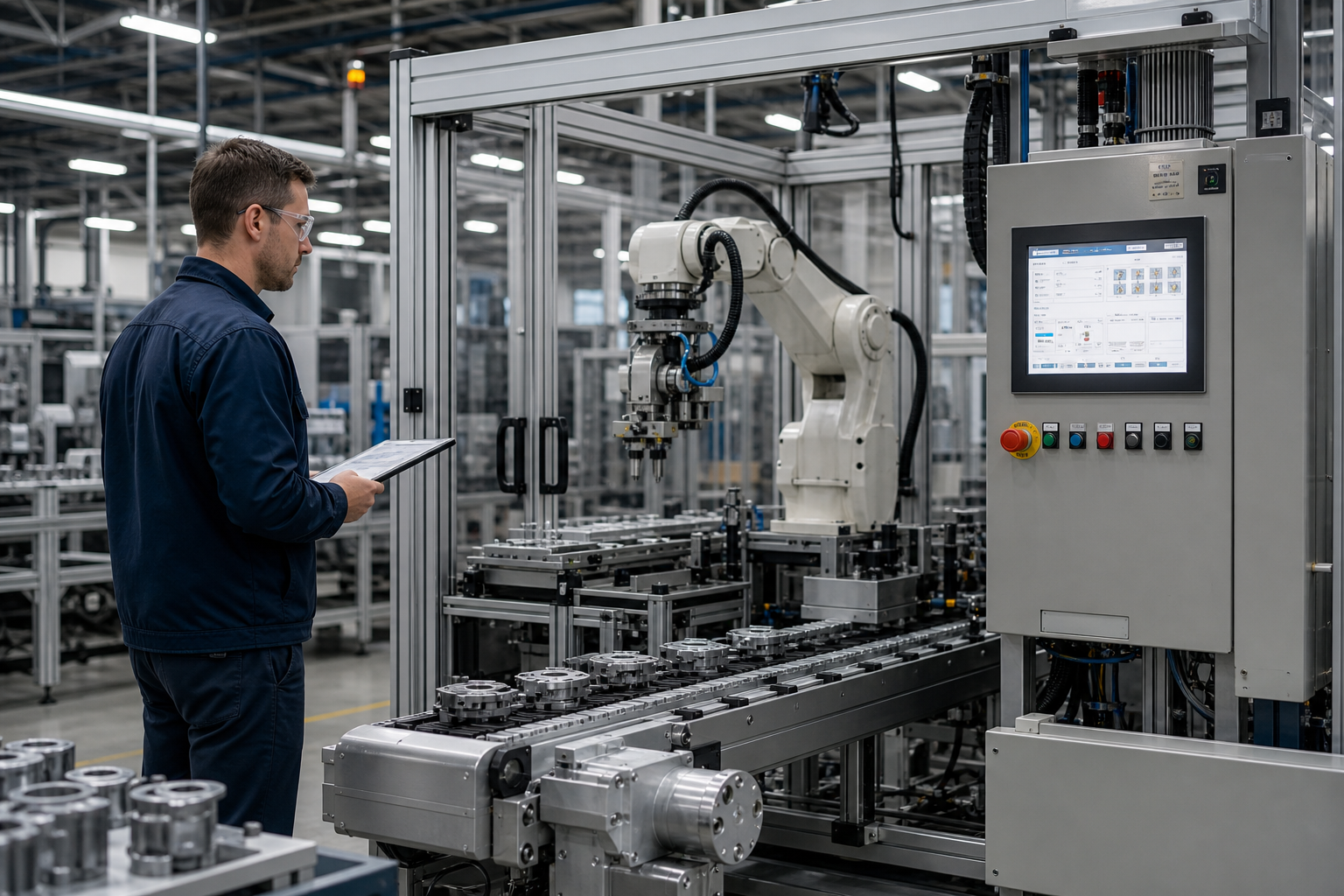 Industrial engineer reviewing an automated production cell with robotic handling equipment and conveyor modules